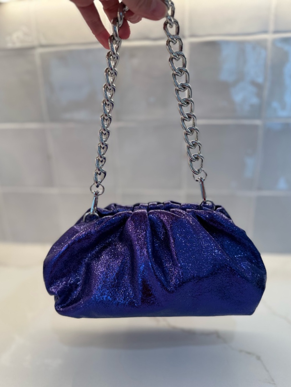 INC Shimmery Metallic Purple Pleated Clutch with Detachable Straps